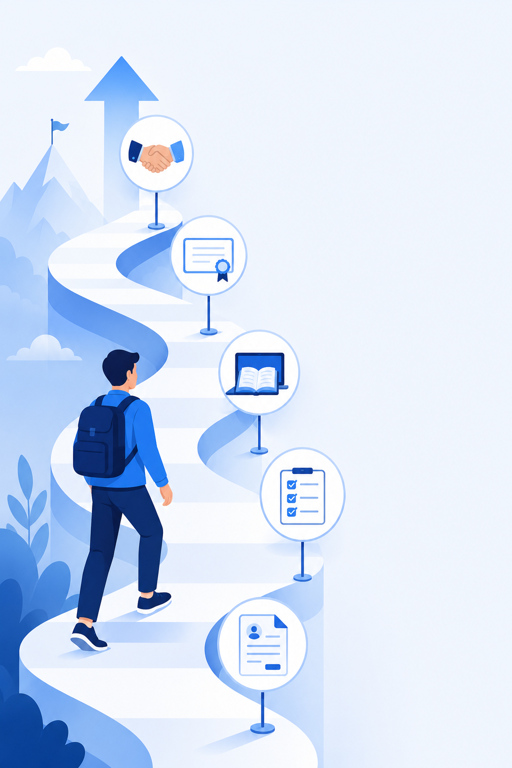 Illustration of a learner walking a step-by-step path from registration to placement